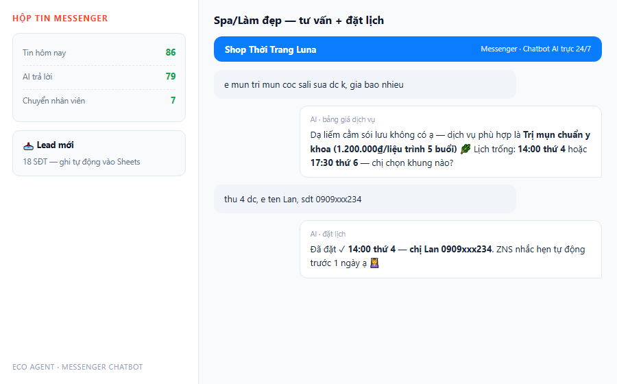 Demo chatbot Messenger spa tu van tri mun va dat lich tu dong