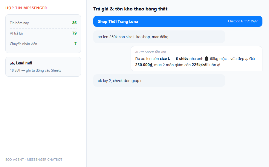 Chatbot Messenger tra gia va ton kho theo bang Sheets that
