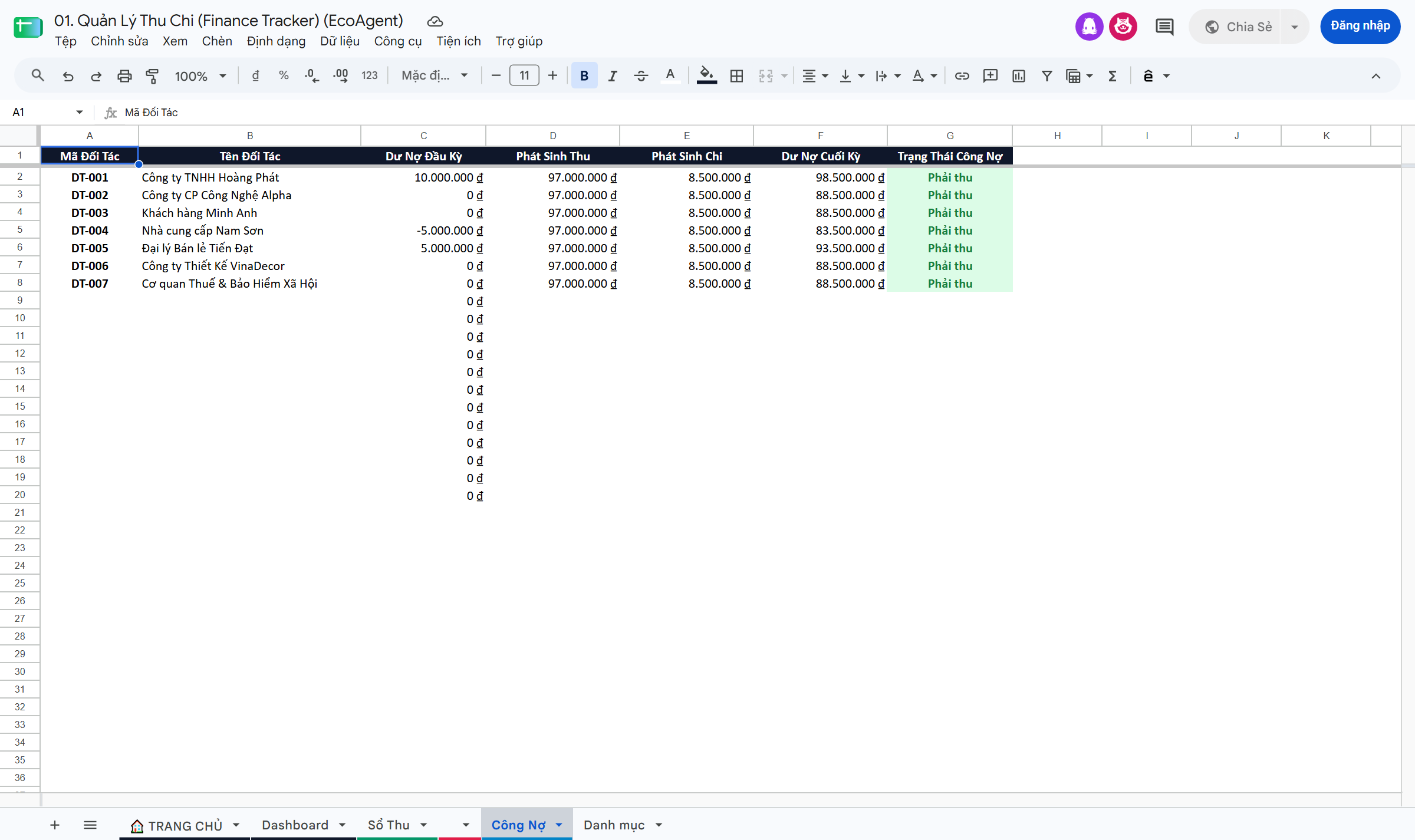 Ảnh chụp thực tế Sổ Công Nợ Google Sheet