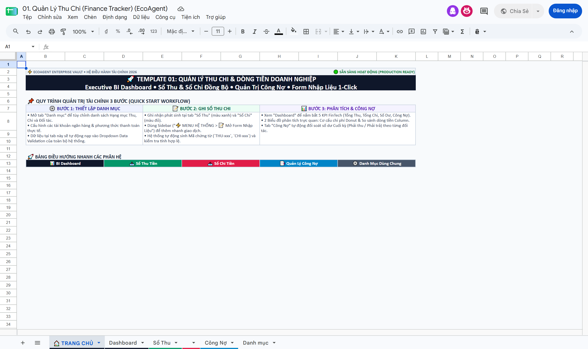 Ảnh chụp thực tế Trang Chủ Google Sheet