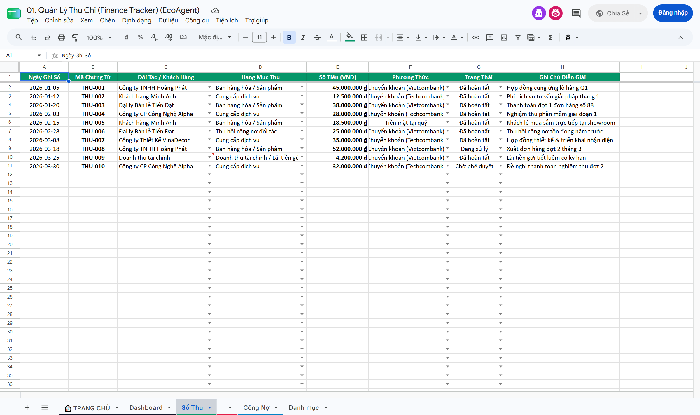 Ảnh chụp thực tế Sổ Thu Google Sheet