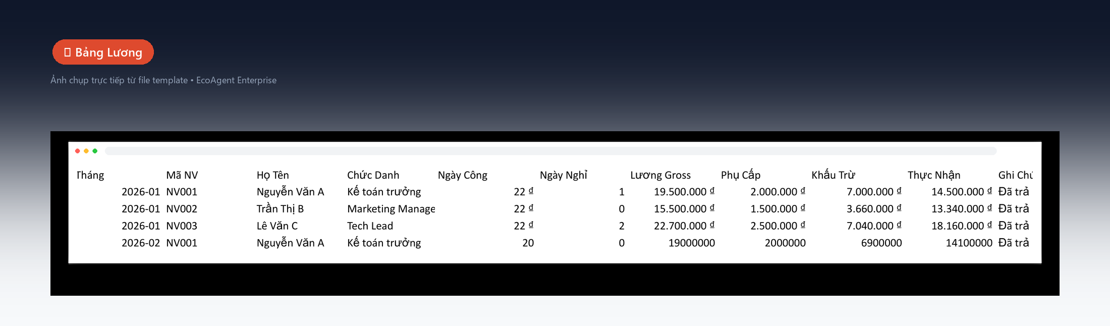 💵 Bảng Lương — Tính lương tự động: lương cơ bản, phụ cấp, OT, thưởng KPIs, BHXH, thuế TNCN, thực nhận. Xuất phiếu lương PDF cho từng nhân viên.