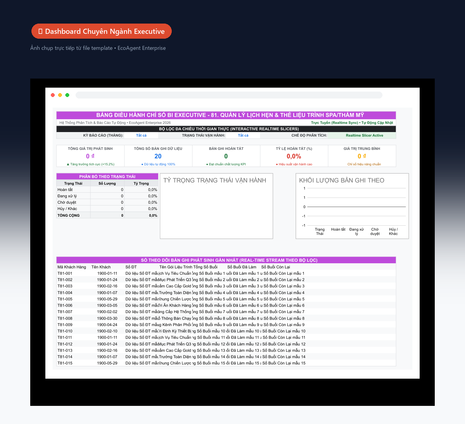 📊 Dashboard Chuyên Ngành Executive — Tổng quan toàn bộ lịch khám/điều trị: 5 KPI (tổng khách, đang điều trị, hoàn tất, doanh thu, tỷ lệ tái khám), biểu đồ donut theo dịch vụ, cột doanh thu theo tháng, bảng lịch hẹn real-time.