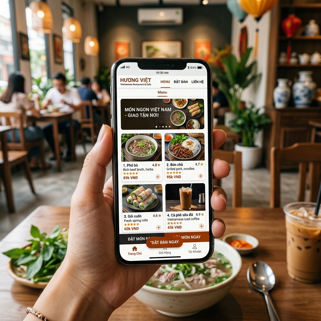 Thiết Kế Website Nhà Hàng Chuyên Nghiệp, Tối Ưu Chuyển Đổi - Giao diện di động (Mobile Mockup)