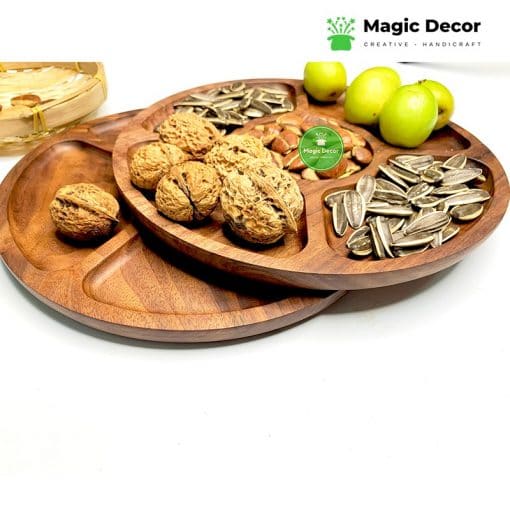 Đĩa gỗ óc chó cao cấp hình tròn dùng để trang trí đựng đồ ăn - thiết kế 5 ngăn đường kính 24cm