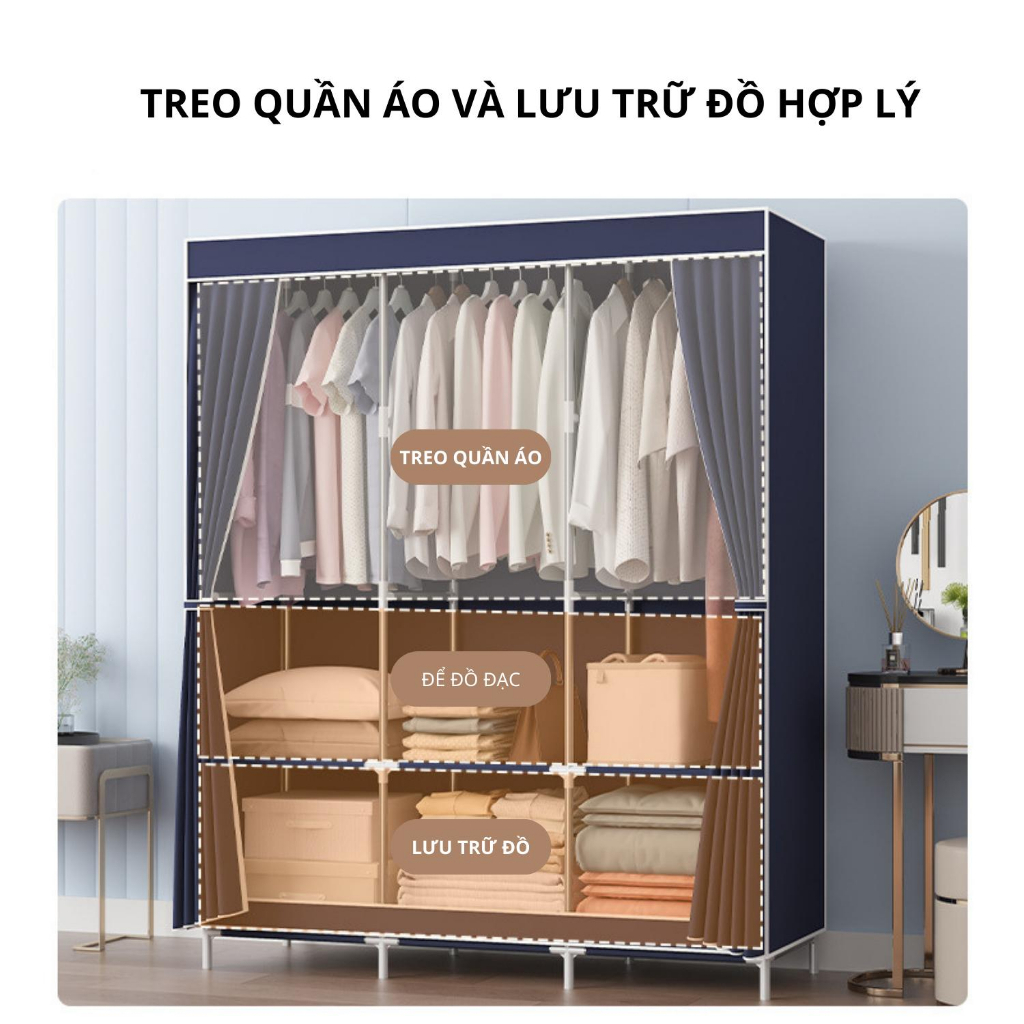 Tủ Quần Áo 3 Ngăn - Tủ vải Để Quần Áo Khung Thép Chắc Chắn Vải CANVAS Không Xù Lông Có Rèm Che BụiI 1 Tủ Quần Áo 3 Ngăn - Tủ vải Để Quần Áo Khung Thép Chắc Chắn Vải CANVAS Không Xù Lông Có Rèm Che BụiI