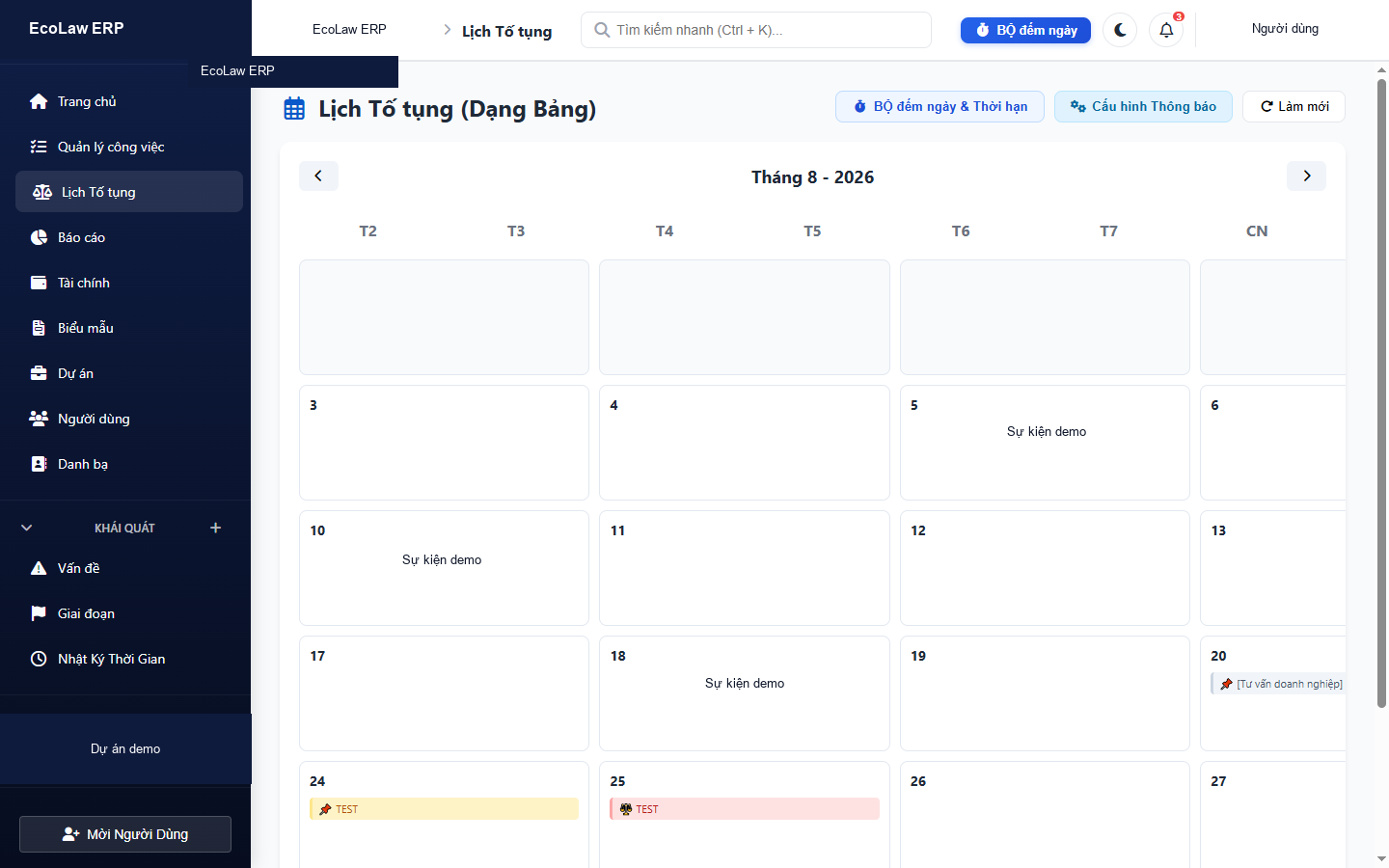 Lịch tố tụng trong EcoLaw ERP