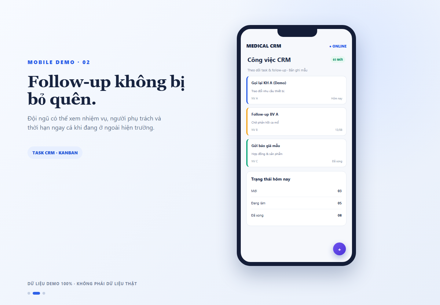 Medical CRM trên mobile · Công việc và follow-up