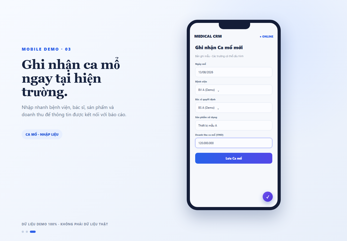 Medical CRM trên mobile · Ghi nhận ca mổ