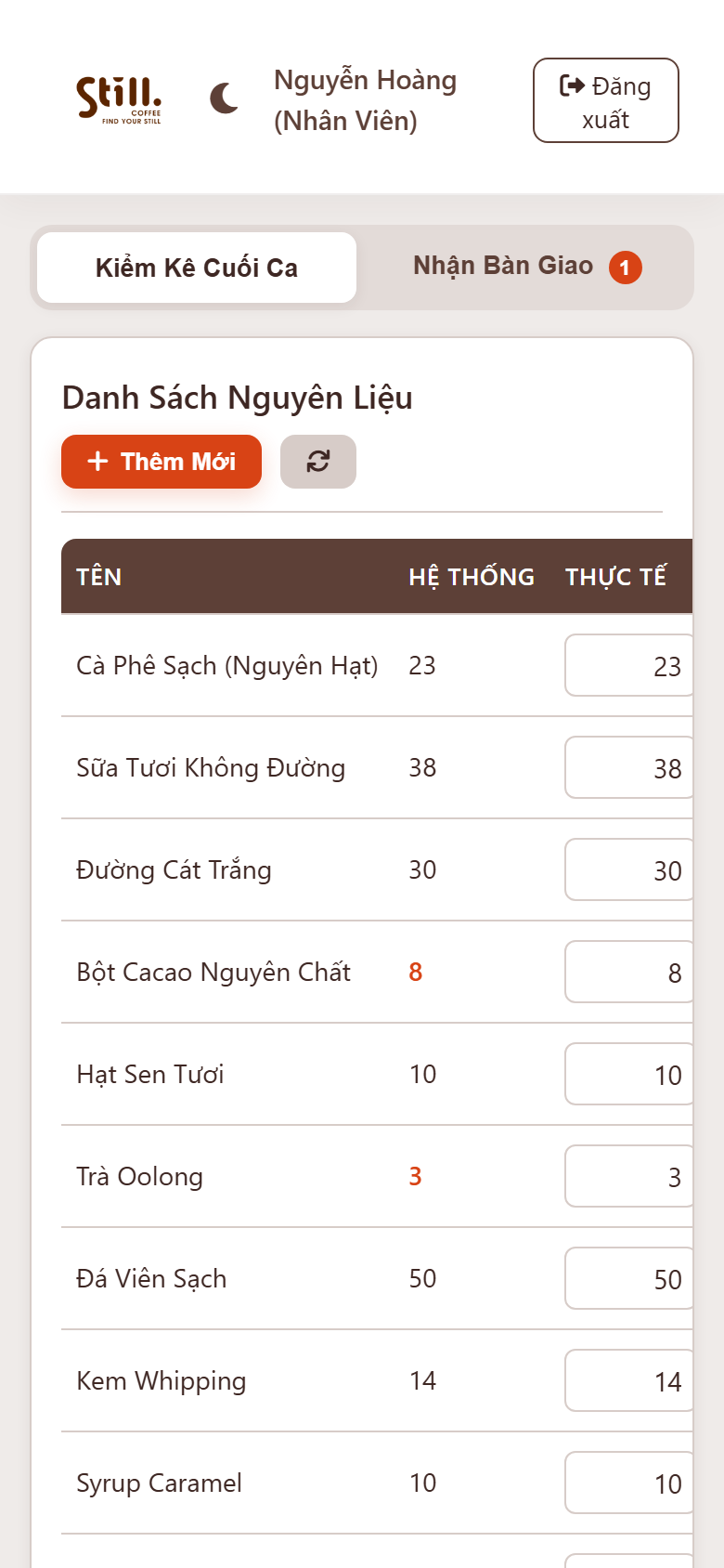 Mobile - Kiểm kê cuối ca