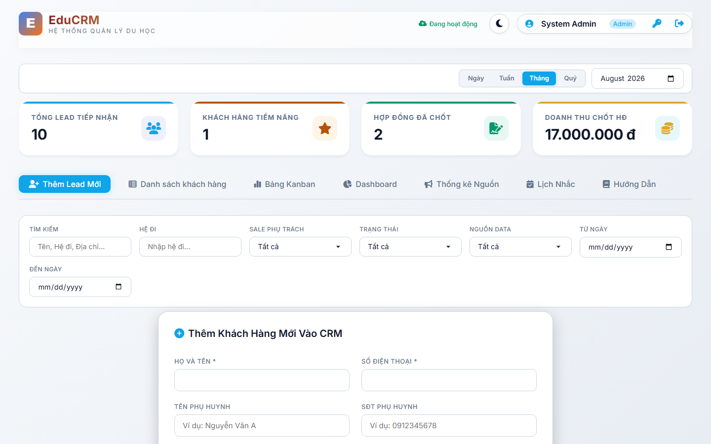 Dashboard tổng quan doanh thu